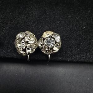 Rhinestone Ball Screw Back Earrings Silver Tone Vintage Glam Costume Jewelry